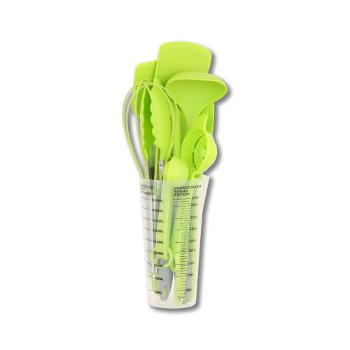 16-Piece Silicone Kitchen Utensil Set with Measuring Cup (Green) | Dishwasher-safe BPA-free tools for nonstick cookware, with tongs, whisk, 5 measuring spoons and a 500ml measuring cup holder - color: Green