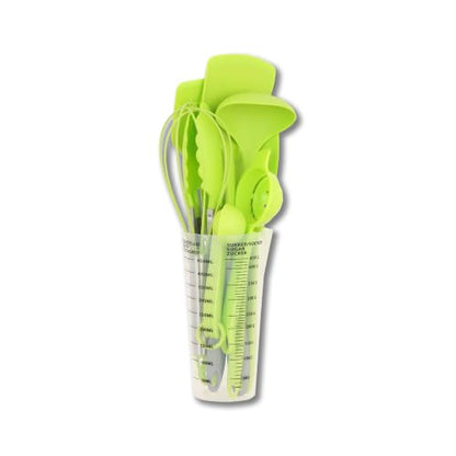 16-Piece Silicone Kitchen Utensil Set with Measuring Cup (Green) | Dishwasher-safe BPA-free tools for nonstick cookware, with tongs, whisk, 5 measuring spoons and a 500ml measuring cup holder - color: Green