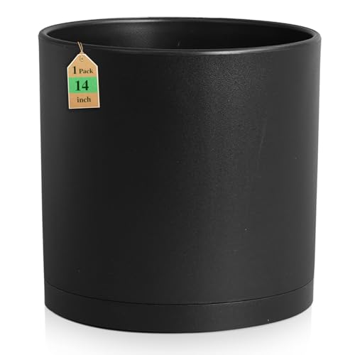 WSMKSZ 14 Inch Heavy-Duty Cylinder Deep Planter for Indoor Outdoor Plants, Tall Large Plastic Plant Pot with Drainage Holes and Saucer, Decorative Flower Pot for Patio Garden, Black - color: Black, size: 14 Inch Large