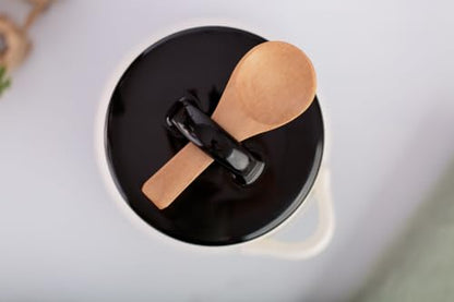 Salt Cellar with Lid and Spoon 10 oz - Handmade Ceramic Salt Keeper with 1.75 inch Lid and 3 inch Bamboo Spoon - Stylish Salt Container for Kitchen Decor