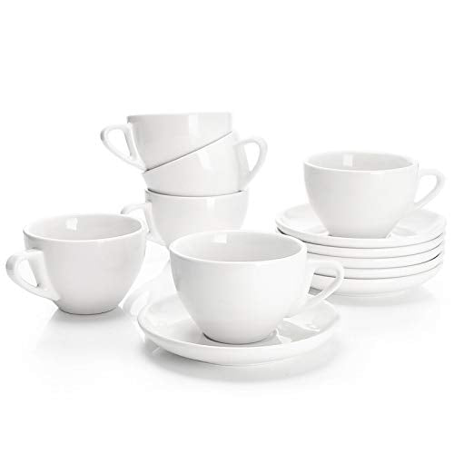 Sweese 6 Ounce Cappuccino Cups with Saucers, Porcelain Double Espresso Cups Set of 6 - White - color: White, size: 6OZ
