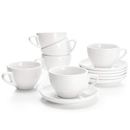 Sweese 6 Ounce Cappuccino Cups with Saucers, Porcelain Double Espresso Cups Set of 6 - White - color: White, size: 6OZ