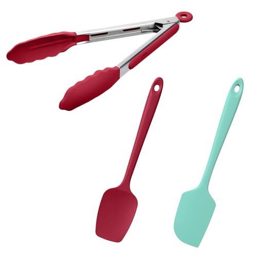 Doosu 600°F Heat Resistant Kitchen Food Tong for Cooking with Non-Scratch Silicone Tips (9in, Red) & 600°F Heat Resistant Spatula Set of 2 for Kitchen Cooking Baking Stirring (Red+Aqua Sky)