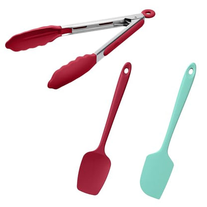 Doosu 600°F Heat Resistant Kitchen Food Tong for Cooking with Non-Scratch Silicone Tips (9in, Red) & 600°F Heat Resistant Spatula Set of 2 for Kitchen Cooking Baking Stirring (Red+Aqua Sky)