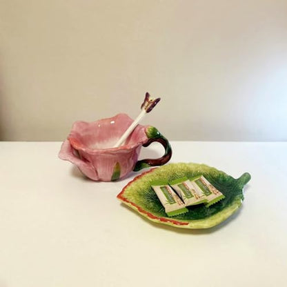 Ceramic Tea Cup and Saucer Set ，6OZ 3D Hand-Painted Flower and Lotus Leaf Coffee Mug，Gift for Women- Dark Pink Rose - color: Dark Pink Rose