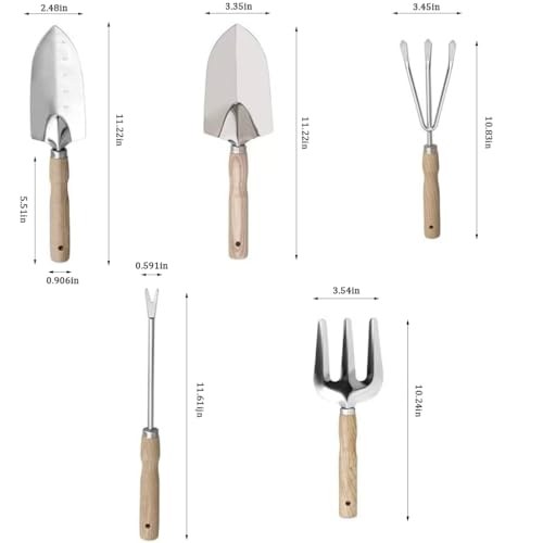 Garden Tool Set, 5 Piece Stainless Steel Gardening Tools with Wooden Handles Hand Tools with Transplanting Hand Shovel, Rake and Root Picker Ideal for Digging and Planting.