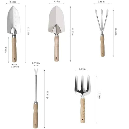 Garden Tool Set, 5 Piece Stainless Steel Gardening Tools with Wooden Handles Hand Tools with Transplanting Hand Shovel, Rake and Root Picker Ideal for Digging and Planting.