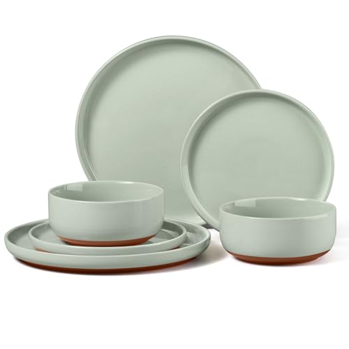 E-far 6-Piece Stoneware Dinnerware Sets, Plates and Bowls Sets for 2, Ceramic Dishware Dishes Set with Terracotta Base, Chip & Scratch Resistant, Microwave & Dishwasher Safe, Speckled Green - color: Sage Green, size: Service for 2