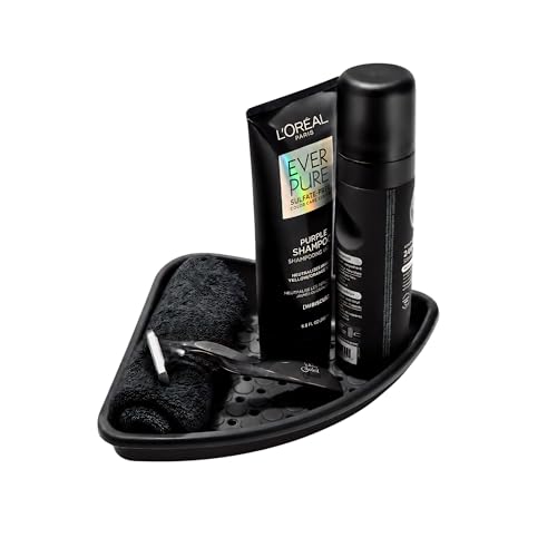 madesmart Bathtub Corner Shelf, Carbon | suction cup base, drainage holes, raised edges, shampoo soap razors, bath accessories, woman owned - color: Carbon