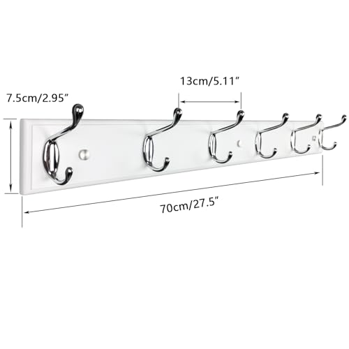 Wooden Wall Mounted Coat Rack 27 Inch (70cm) With 6 Silver Hooks, Lang White, for Entrance, Hallway, Bedroom - Wood Clothes Hanger - size: Long-27.6in(70cm),6 Silver Hooks, style: Modern