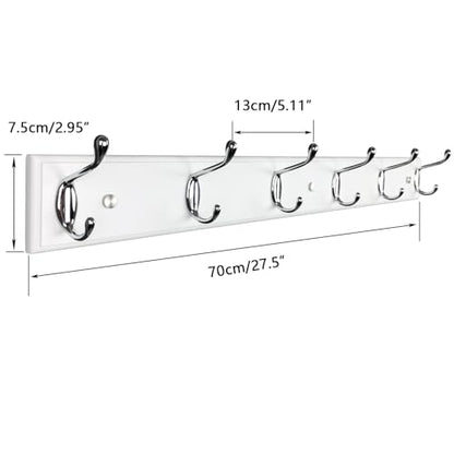 Wooden Wall Mounted Coat Rack 27 Inch (70cm) With 6 Silver Hooks, Lang White, for Entrance, Hallway, Bedroom - Wood Clothes Hanger - size: Long-27.6in(70cm),6 Silver Hooks, style: Modern