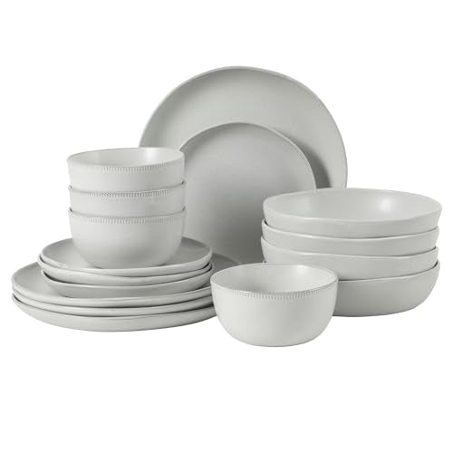Gibson Elite Menlo Park 16-Piece Pottery Clay Stoneware Dinnerware Set – White Reactive Glaze, Embossed Plates and Bowls W/Pasta Bowl, Service for 4 – Microwave & Dishwasher Safe - color: White (Menlo Park), size: Service for 4 (16pcs)