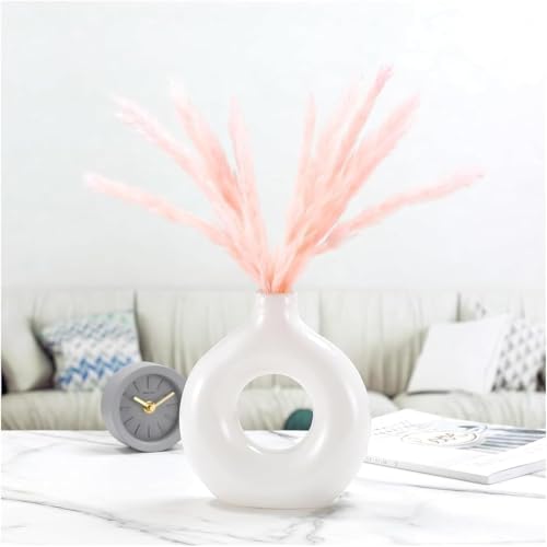 White Ceramic Donut Vase, 6 Inch Modern Flower Vase for Pampas Grass, Dried Flowers, Home & Office Decor, Centerpiece, Handcrafted Gift Vase Only