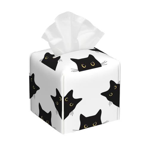Black Cat Tissue Box Cover Square, Tissue Box Holder with Bottom Belt Leather Facial Paper Organizer Dispenser for Bathroom Bedroom Dresser Night Stand Tabletop - color: Black Cat