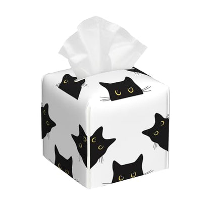 Black Cat Tissue Box Cover Square, Tissue Box Holder with Bottom Belt Leather Facial Paper Organizer Dispenser for Bathroom Bedroom Dresser Night Stand Tabletop - color: Black Cat