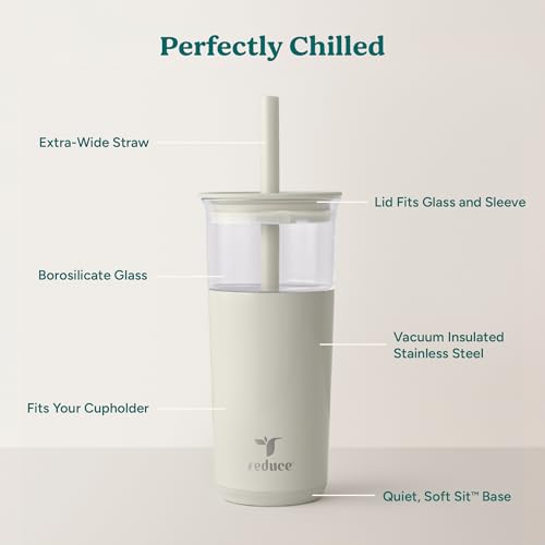 REDUCE Aspen - 20oz Vacuum Insulated Glass Tumbler - Extra Wide Straw & Lid | Keeps drinks cold for 12 hours, ideal for iced coffee, smoothies & boba, dishwasher safe, soft base - color: Unbleached