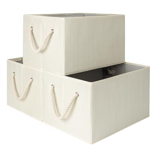 StorageWorks Fabric Storage Bins with Rope Handles, Beige, Extra Large | Collapsible Closet Storage Bins, Closet Organizer Bins for Clothes, Fabric Shelf Baskets and Storage - color: Beige, White & Ivory, size: Extra Large