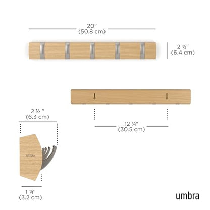 Umbra Flip 5 Wall Mounted Hook | Real wood and steel build, retractable hooks fold flat, holds coats bags and scarves, easy install - color: Natural, size: 5-Hook