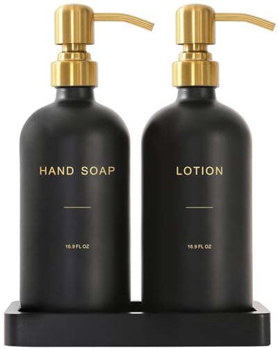 Prus Waso Soap Dispenser Bathroom Set, Gold & Black | Hand and Lotion Dispenser with Stainless Steel Pump, Perfect for Black and Gold Bathroom Decor - color: Hl Gold Pump & Black Bottle