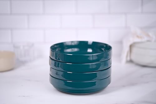 KooK Pasta Bowl, Bowl Plate, Low Bowl, Plate Bowls, Ceramic Large Shallow Bowls, Microwave and Dishwasher Safe, Great for Soups and Salads, Glossy Porcelain, 47 oz, Set of 4, Teal - color: Teal