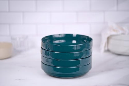 KooK Pasta Bowl, Bowl Plate, Low Bowl, Plate Bowls, Ceramic Large Shallow Bowls, Microwave and Dishwasher Safe, Great for Soups and Salads, Glossy Porcelain, 47 oz, Set of 4, Teal - color: Teal