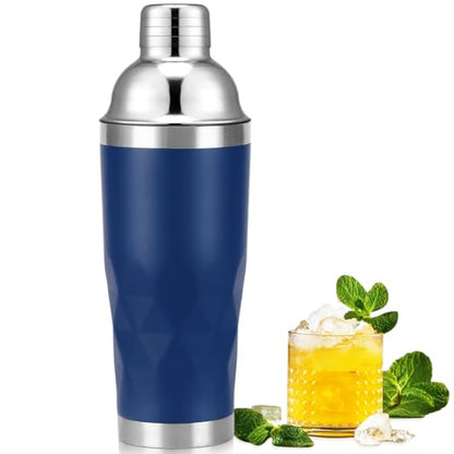 Insulated Cocktail Shaker Blue -20oz Double Wall Vacuum Stainless Steel Martini Shaker with Built-in Strainer, Pro Leak-Proof Weighted Shaker for Home Bar, Premium Bar Gift Set - color: Dark Blue