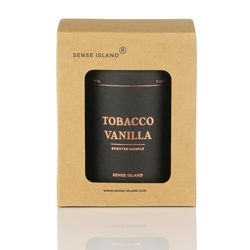 Tobacco Vanilla Crackling Wood Wick Candle for Men, Strong Masculine Scent, 100% Soy, 50-Hour Burn, Luxury Black Jar with Gold Text Scented Candle with Crackle Wooden Wick for Home, Office, Gifts