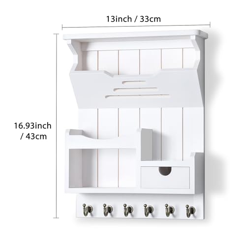 DOPACE Handcrafted Pine Wood Mail Organizer & Key Holder, White | Hand-polished natural pine wood with storage drawer & 6 hooks, Fine spray paint finish, Easy wall mount - color: White