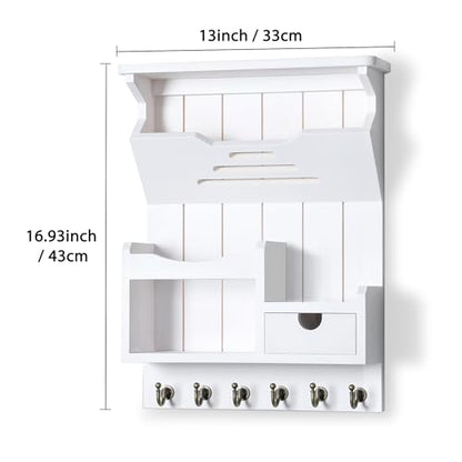 DOPACE Handcrafted Pine Wood Mail Organizer & Key Holder, White | Hand-polished natural pine wood with storage drawer & 6 hooks, Fine spray paint finish, Easy wall mount - color: White