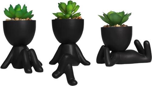 Zerzsy 3 PCS Cute Artificial Succulent Plants with Creative Ceramics Human Shaped Pots, Mini Potted Plants Black Bathroom Fakeplants, Faux Succulent Desk Decor for Home Office Shelf Decor - color: Black