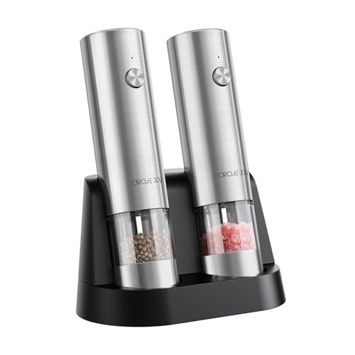 CIRCLE JOY Electric Salt and Pepper Grinder Set Stainless Steel Spice Grinder Automatic Pepper Mills with Easy-to-Carry Dual Charging Station, White Led Light, and Adjustable Coarseness, Silver - color: Upgrade Silver
