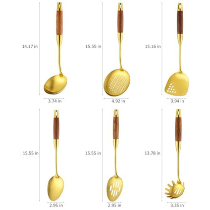 Izurok 18/10 Stainless Steel Kitchen Utensils Set,6 Piece Cooking Utensils With Wood Handle,Heat Resistant Kitchen Tool Set With Spatula, Spoon, Ladle, Skimmer, Slotted Spoon, Pasta - color: GOLD-6 Pieces, size: Large
