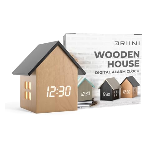 Driini Digital House-Shaped Alarm Clock with Temperature Display (Light Wood) – Modern Aesthetic - Cute Cube Frame and White LED Dimmer - Perfect Small Desk Clock for Bedside Table or Bedroom Mantle - color: Light Wood; Black Roof, size: Small