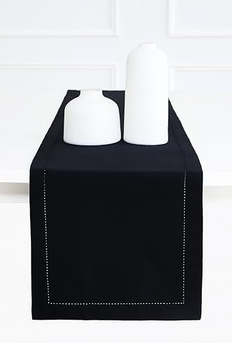 Black Table Runner - Hemstitch Detail - 100% Cotton Durable Washable Fabric - Ideal for Spring Easter Summer, Perfect as 6 ft Table Linen - Solid Hemstitch - 14 x 72 Inch - size: 14 x 72 Inch