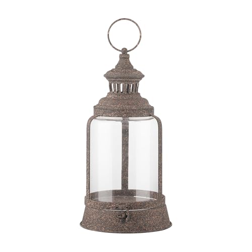 14" Twakutwaku Verstile Farmhouse Metal Hurricane Lantern in Rustic Brown, Glass Candlestick Holder, Decorative Pillar Candle Holder, Glass Dome Cloche Display (Rustic Brown, Medium)