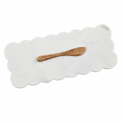 Mud Pie Scallop Marble Board Set, White, 12" x 5" | Scalloped Cutting Board for Charcuterie