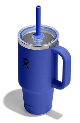 Hydro Flask Travel Tumbler with Handle, Clear Lid and Straw - Insulated Stainless Steel - color: CAPRI BLUE, size: 32 Ounces