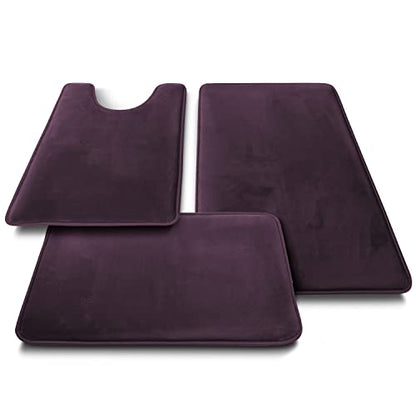 Clara Clark 3 Piece Bathroom Rugs Bath Mat Set, Velvet Memory Foam Bath Mats for Bathroom - Non-Slip, PVC Backing Bath Rugs, Washable - Dries Quickly, Purple - color: Dark Purple