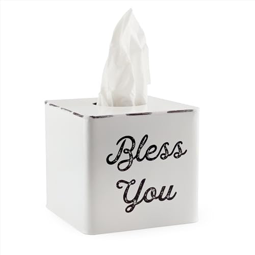 AuldHome Design White Tissue Box Cover; Enamelware Square Distressed Farmhouse Vintage Style Decor Tissue Holder - color: White With "Bless You"