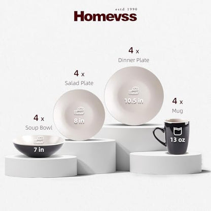 Stoneware Two-Tone Colors Life 16pc Dinner Set， Outside Shiny Black + Inside Matte Glaze Light Beige - color: Light Beige, size: 16pc Set