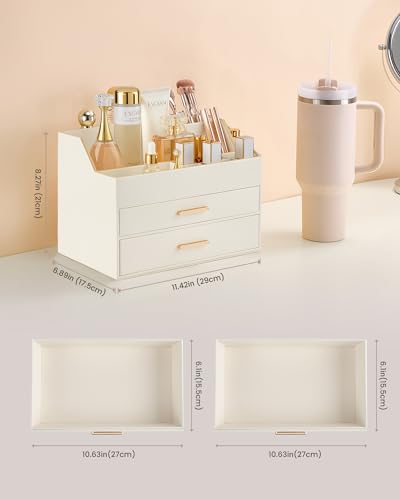 Lolalet Makeup Organizer for Vanity Desk, 3-Layer PU Leather Luxury Make Up Storage Cosmetics Holder Box with Drawers -Beige - size: 3-Layer