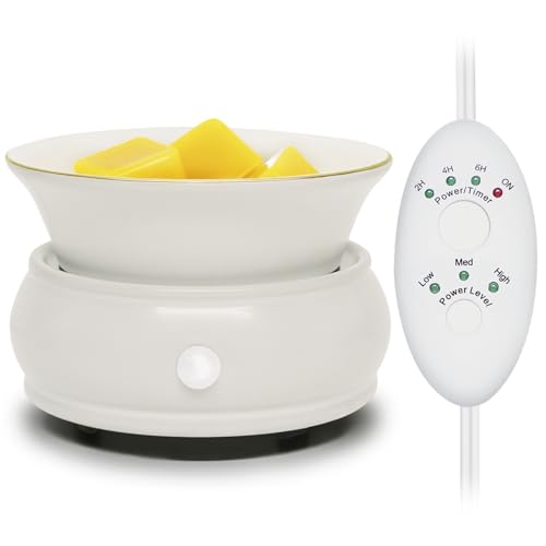 Bobolyn Wax Melter Candle Warmer with Timer - Ceramic Electric Scented Wax Melts Warmer 4-in-1 Candle Burner Melter Timer Adjust Fragrance Intensity Auto Shut Off for Home Office Bedroom Gift & Decor - color: White Timer