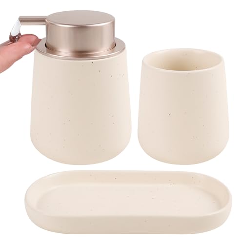 BosilunLife Ceramic Bathroom Accessories Set 3 Pcs | Liquid Soap Dispenser and Toothbrush Holder with Tray, Modern Farmhouse Vanity Decor, Apricot Housewarming Gift - color: Apricot, style: liquid