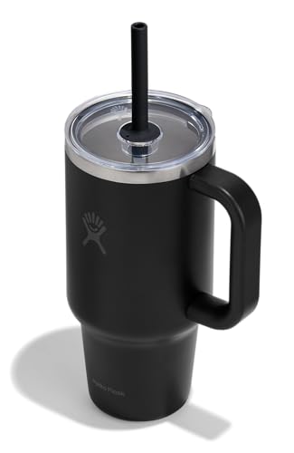 Hydro Flask Travel Tumbler with Handle, Clear Lid and Straw - Insulated Stainless Steel - color: Black, size: 32 Ounces