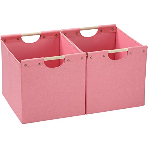HOONEX Large Foldable Storage Bins, Linen Fabric, Pack of 2, Storage Baskets with Wooden Carry Handles and Sturdy Heavy Cardboard, for Home, Office, Car, Nursery, Pink - color: Pink