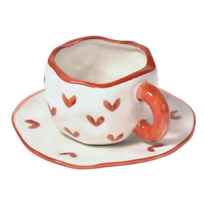 Koythin 10oz Irregular Ceramic Mug With Saucer, Red Heart Latte Tea Cup | 300ml Creative Heart Cup, Dual Safe Ceramic; Home Office Use, Lovely Women Gift - color: Red Heart