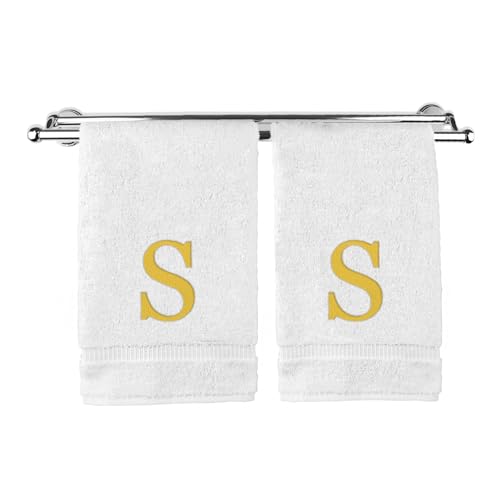 Monogrammed Hand Towel, Personalized Gift, Set of 2- Gold Block Letter Embroidered Towel - Extra Absorbent 100% Turkish Cotton - Soft Terry Finish - Initial S White - color: White & Gold, size: Initial S