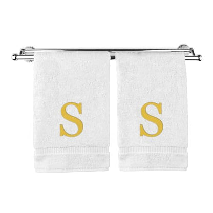 Monogrammed Hand Towel, Personalized Gift, Set of 2- Gold Block Letter Embroidered Towel - Extra Absorbent 100% Turkish Cotton - Soft Terry Finish - Initial S White - color: White & Gold, size: Initial S
