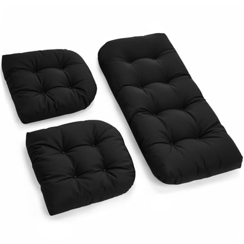 All Weather Wicker Chair Cushions of 3 Pieces, Waterproof Outdoor Wicker Chair Cushion for Patio Furniture Loveseat Settee Bench, 1 Loveseat and 2 U-Shaped Thickened Cushions, Black - color: Black