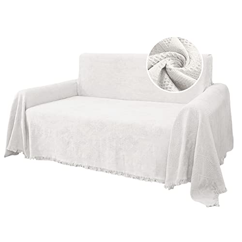 H.VERSAILTEX Cotton Sofa Covers Couch Cover Sofa Slipcover for Most Shape Sofas, Feature Thick Woven Jacquard Seamless with Tassels, Multi-Use Decorative for Couch (Large: 71" x 102", White) - color: White, size: Large